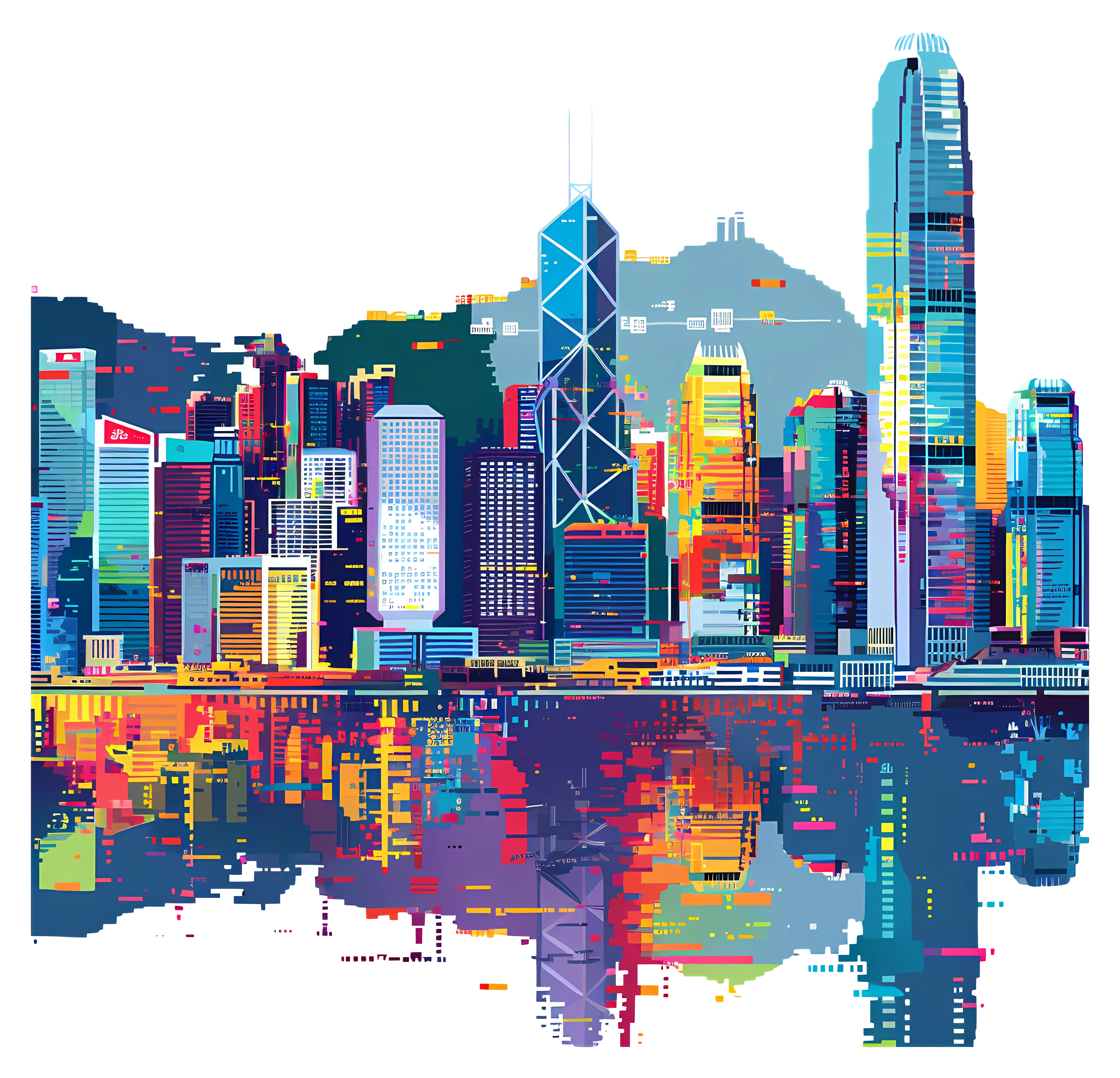 Colorful Cityscape with Skyline Reflection
