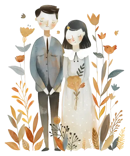 Wedding Couple with Floral Decor Illustration