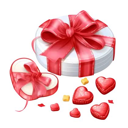 Gift Box with Red Ribbon and Heart Chocolates