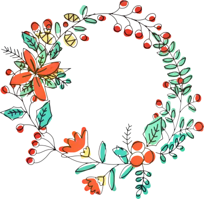 Hand-Drawn Floral Wreath with Decorative Flowers and Leaves