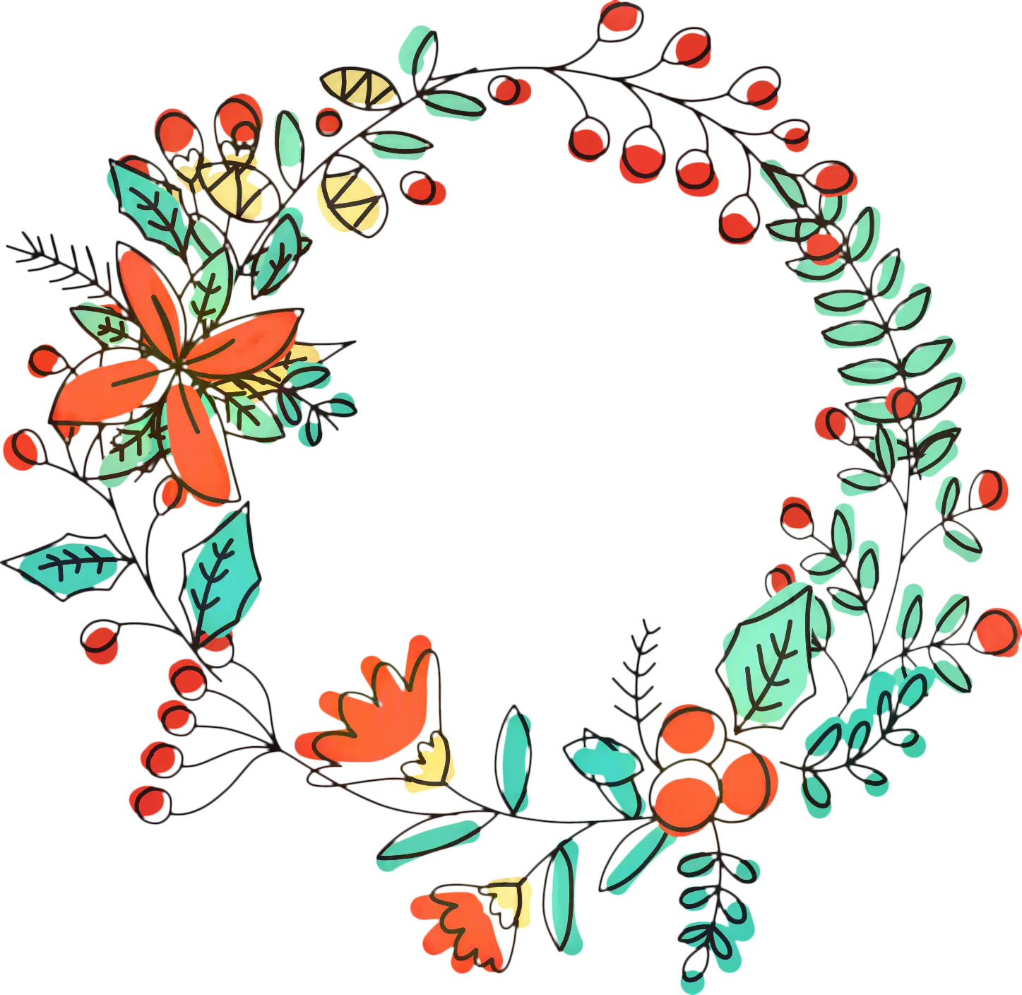 Hand-Drawn Floral Wreath with Decorative Flowers and Leaves