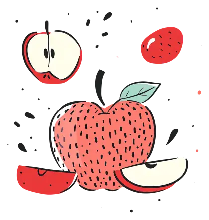 Red Apple with Slices and Leaves