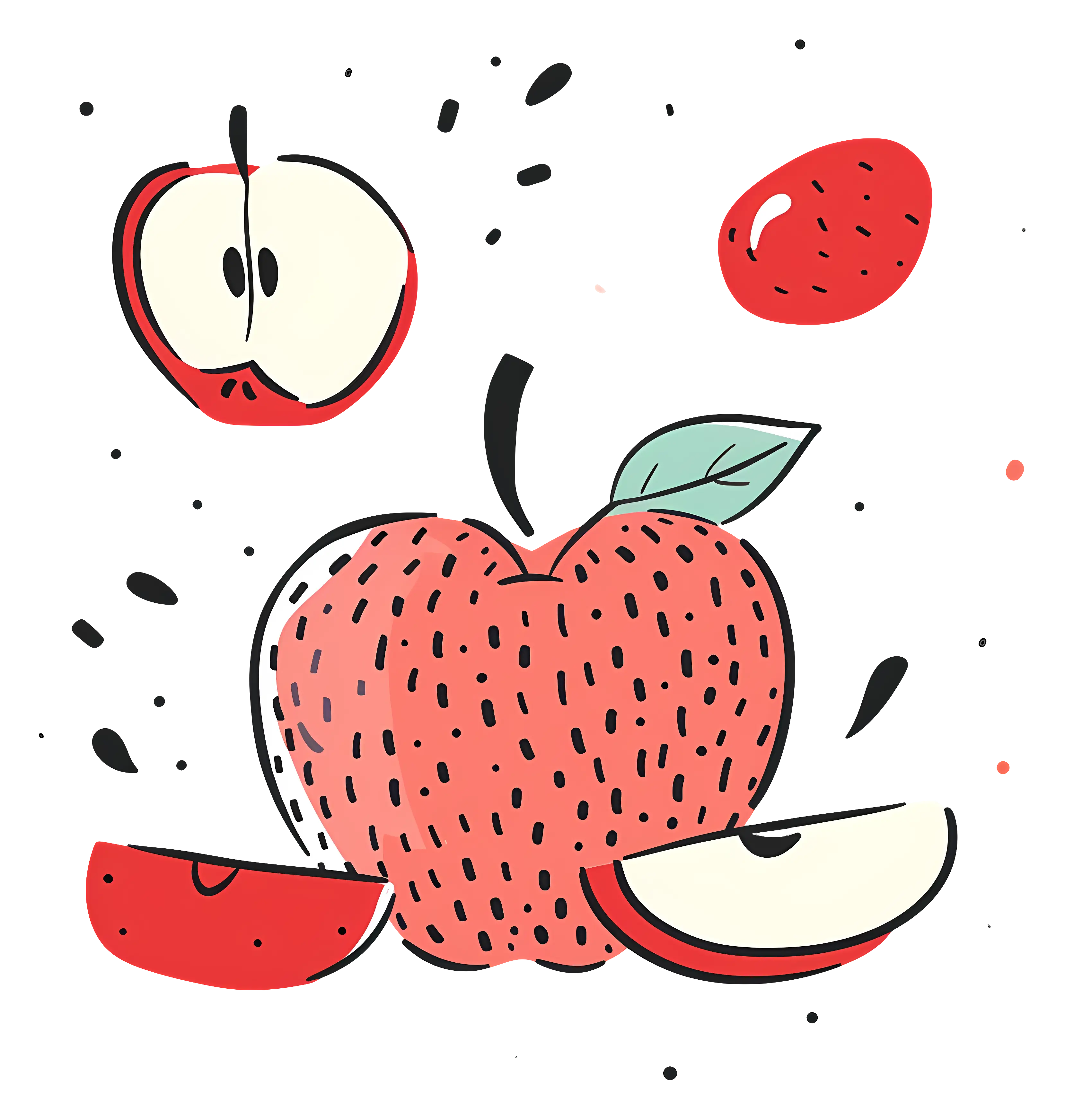Red Apple with Slices and Leaves