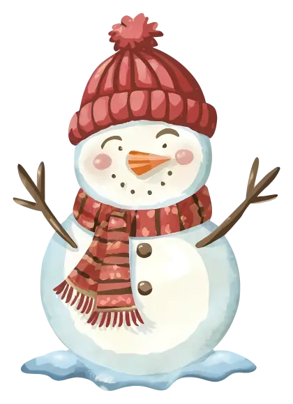 Cheerful Snowman Wearing Red Hat and Scarf