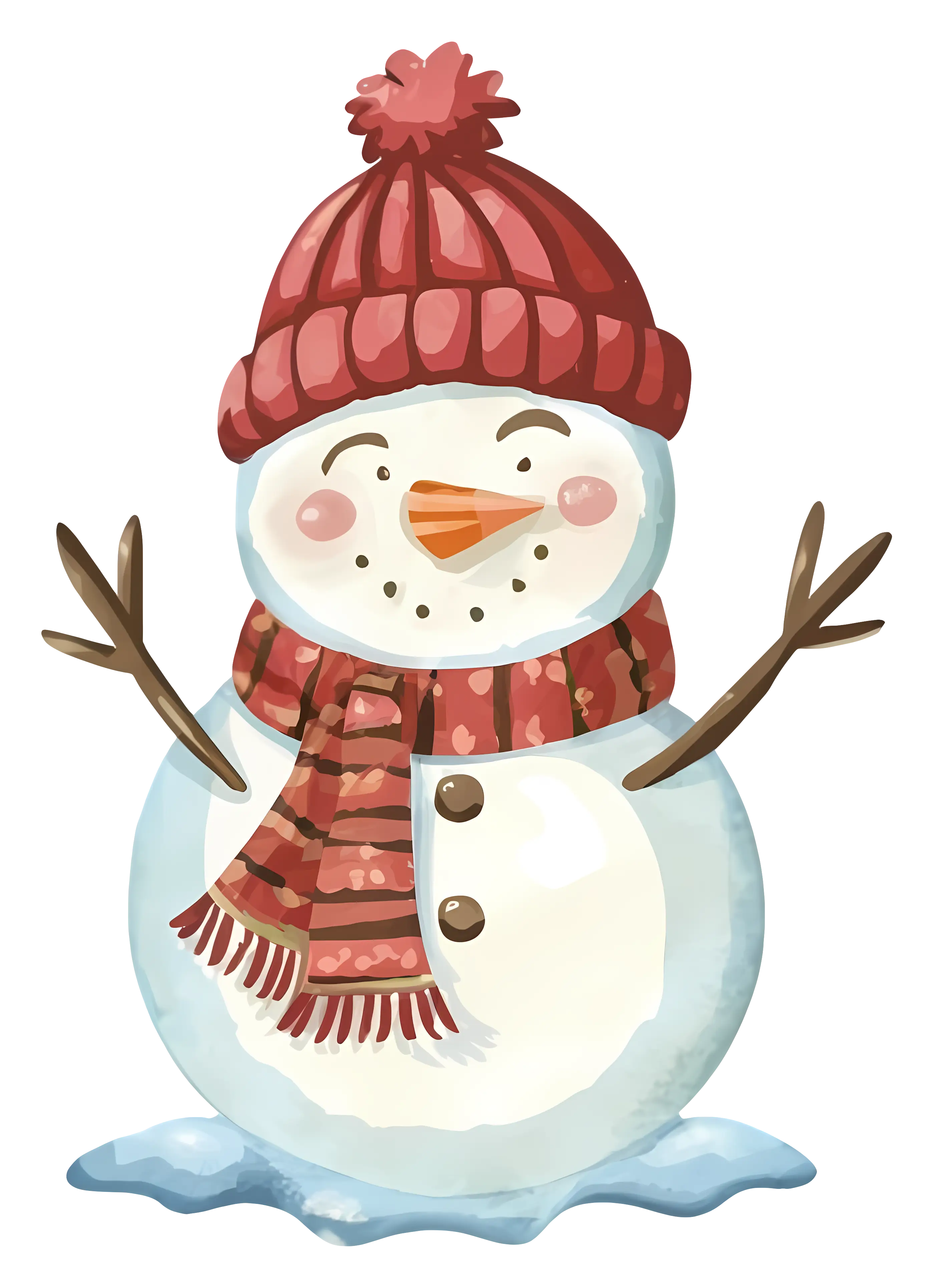 Cheerful Snowman Wearing Red Hat and Scarf
