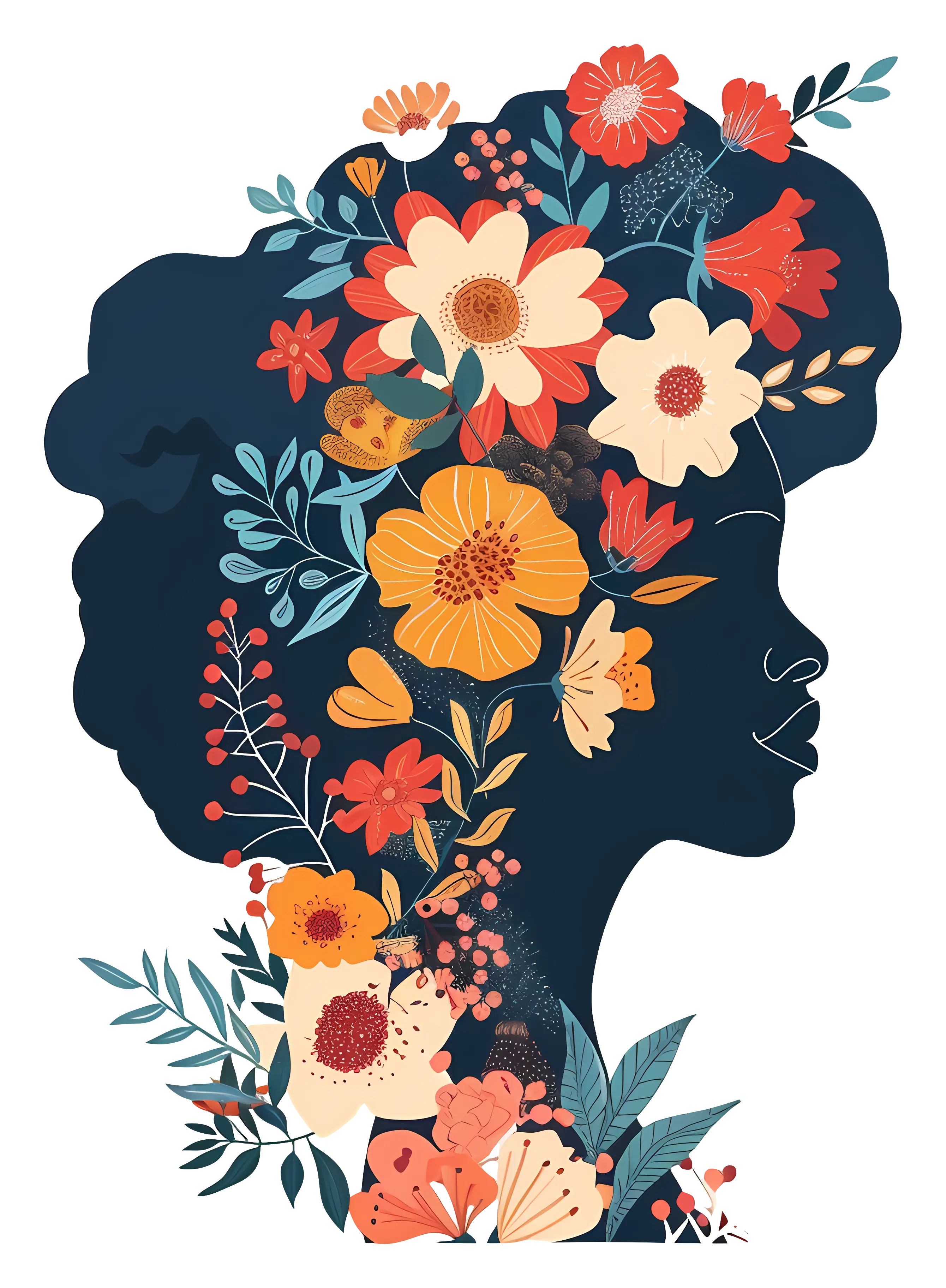 Flower-Decorated Profile Silhouette Art