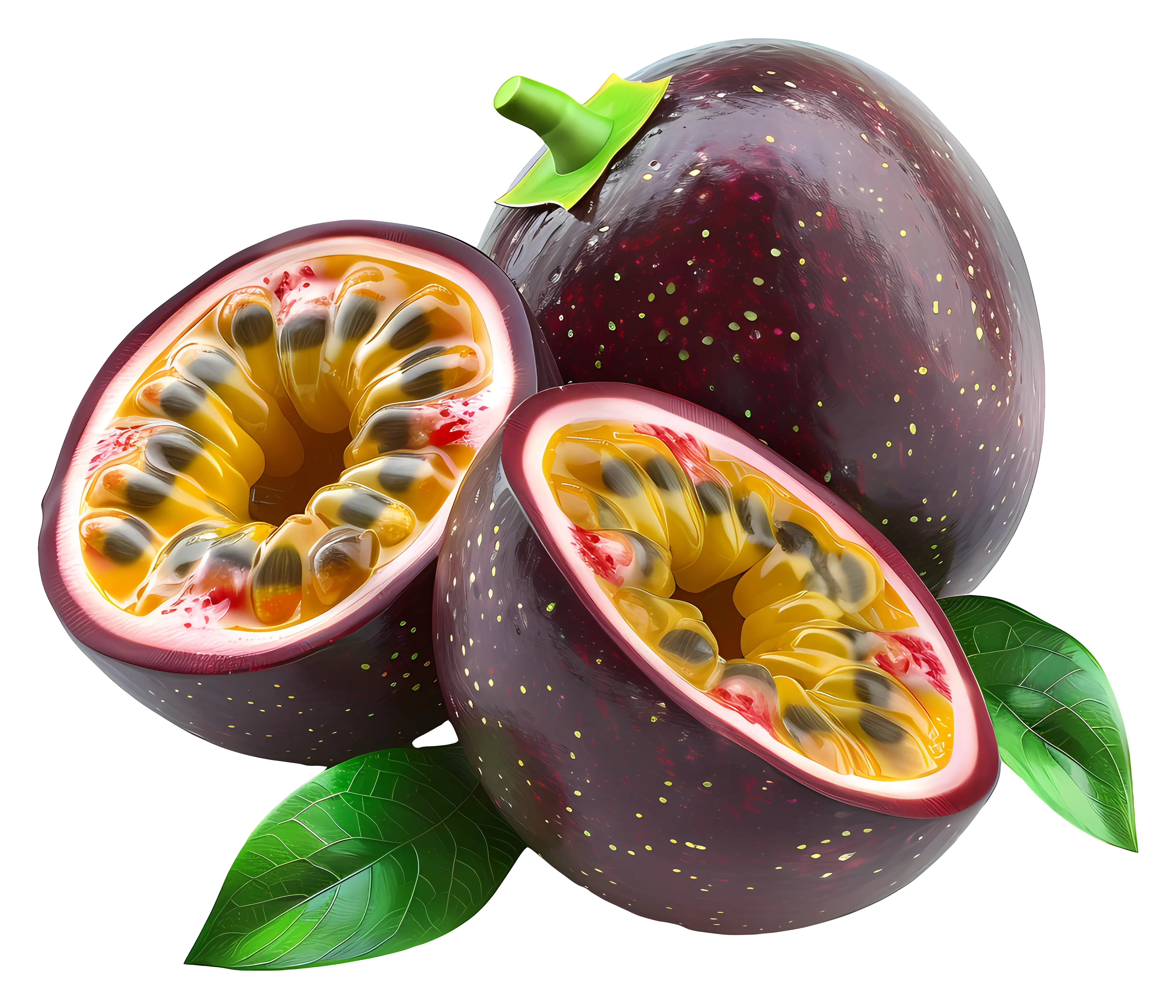 Ripe Passion Fruit with Green Leaves