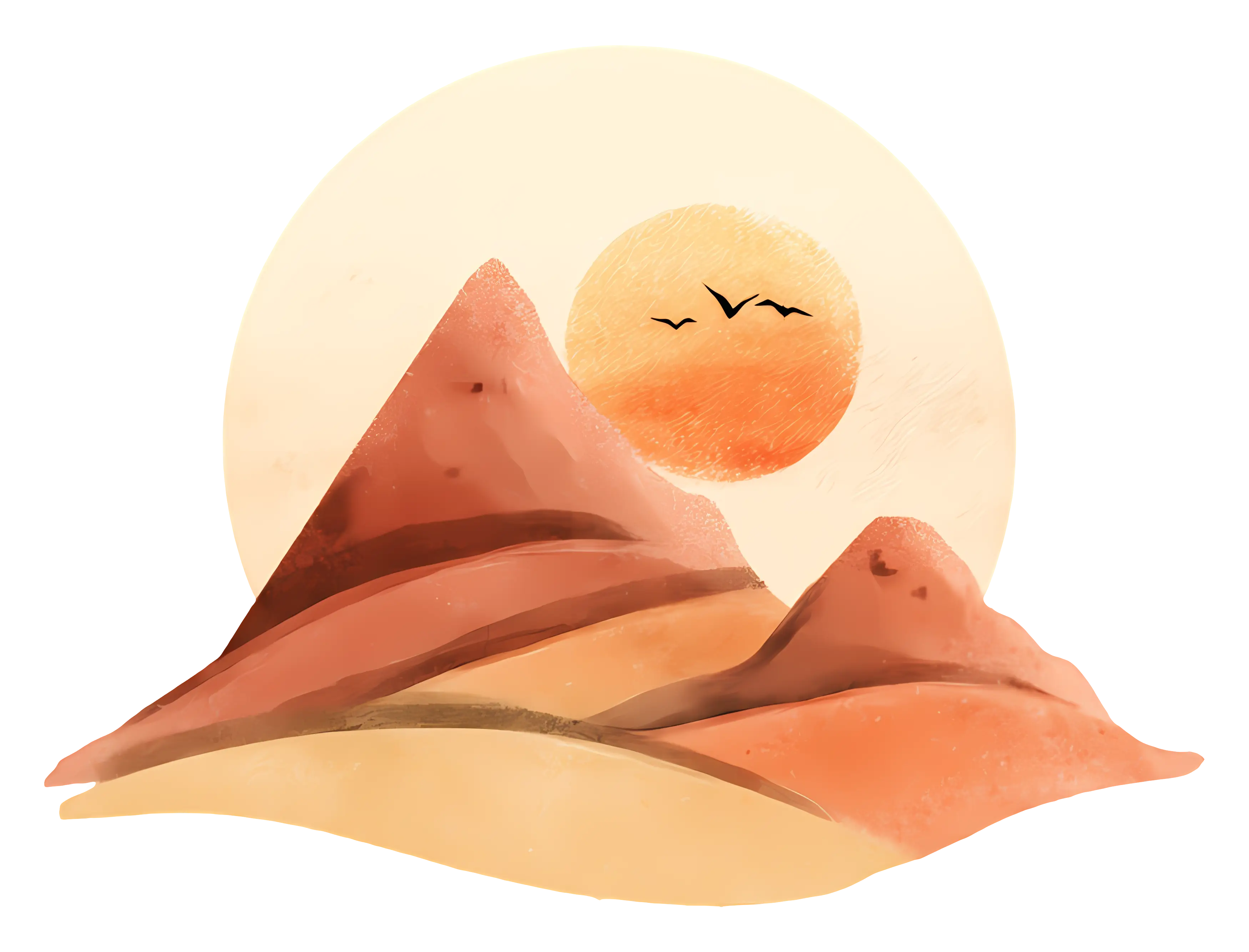 Desert Landscape with Sun and Birds