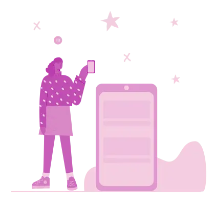 Woman with Smartphone and Digital App Illustration in Purple
