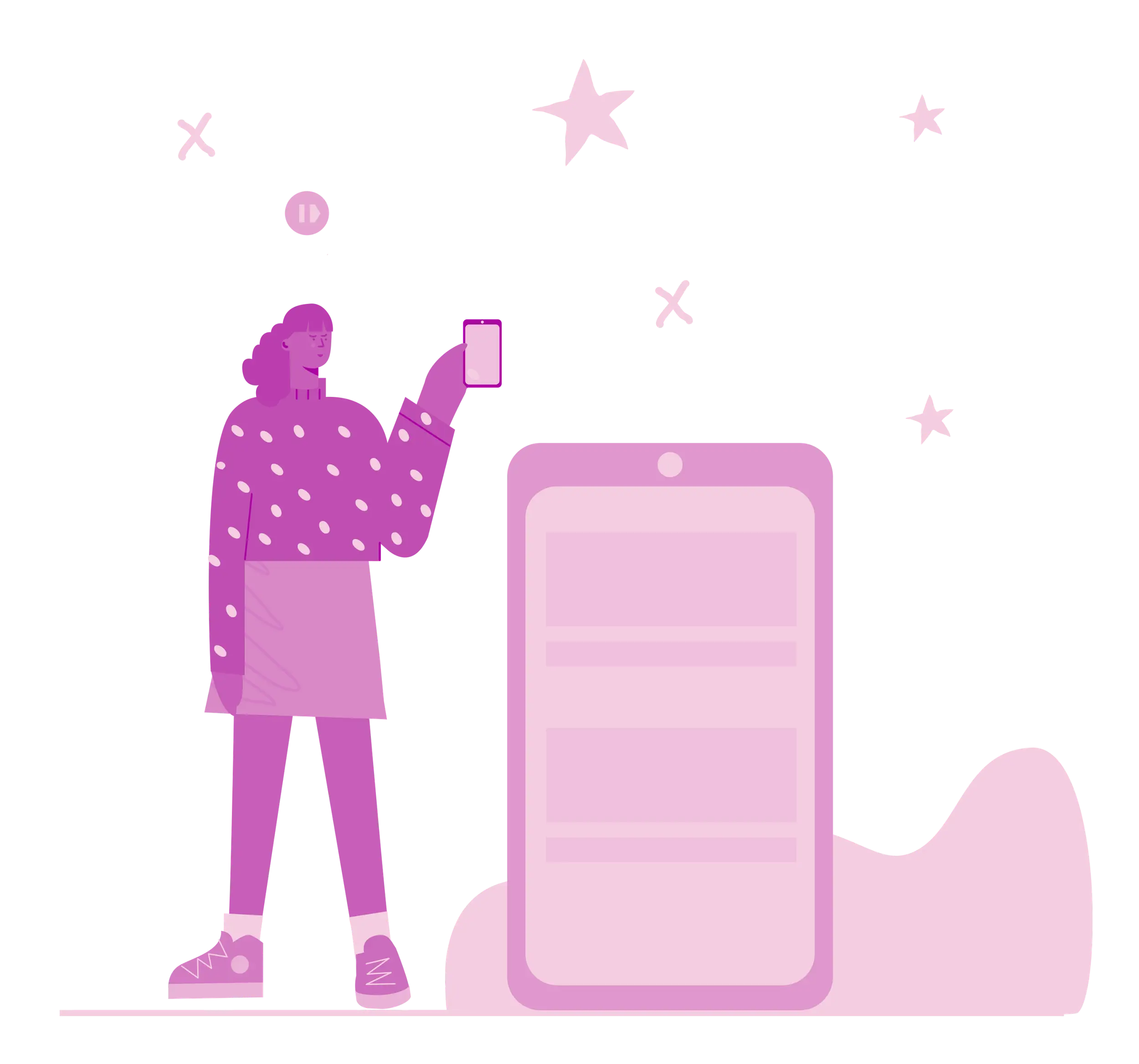Woman with Smartphone and Digital App Illustration in Purple