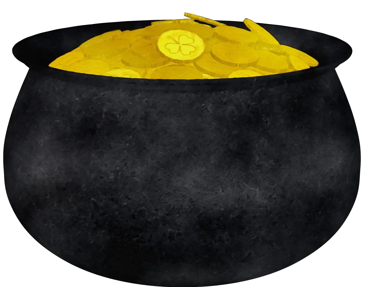 Black Pot Filled with Gold Coins Symbolizing Luck