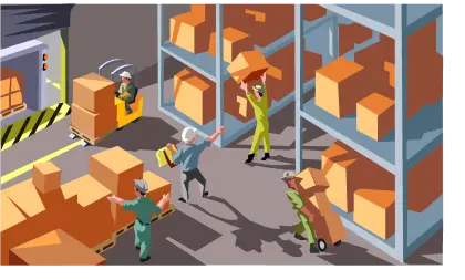 Warehouse Scene with Workers and Boxes