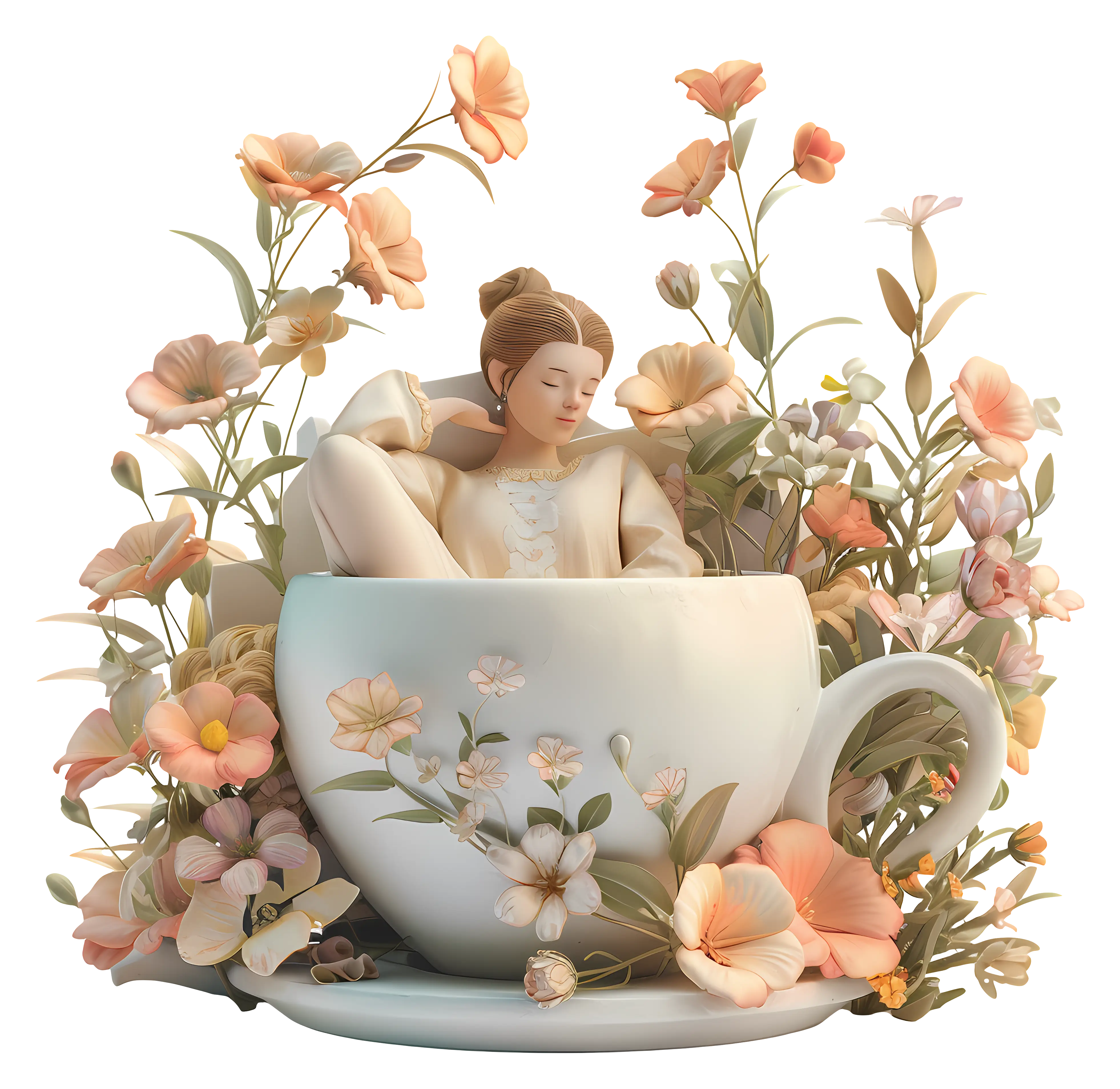 Woman Relaxing in a Floral Teacup