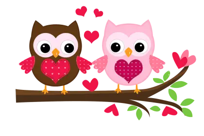 Romantic Owls with Hearts on Branch