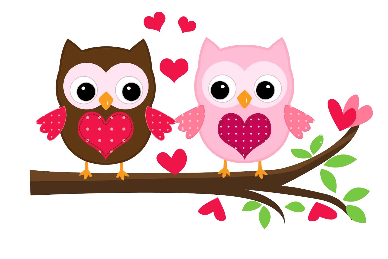 Romantic Owls with Hearts on Branch