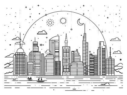 Urban Cityscape with Stars and Moon