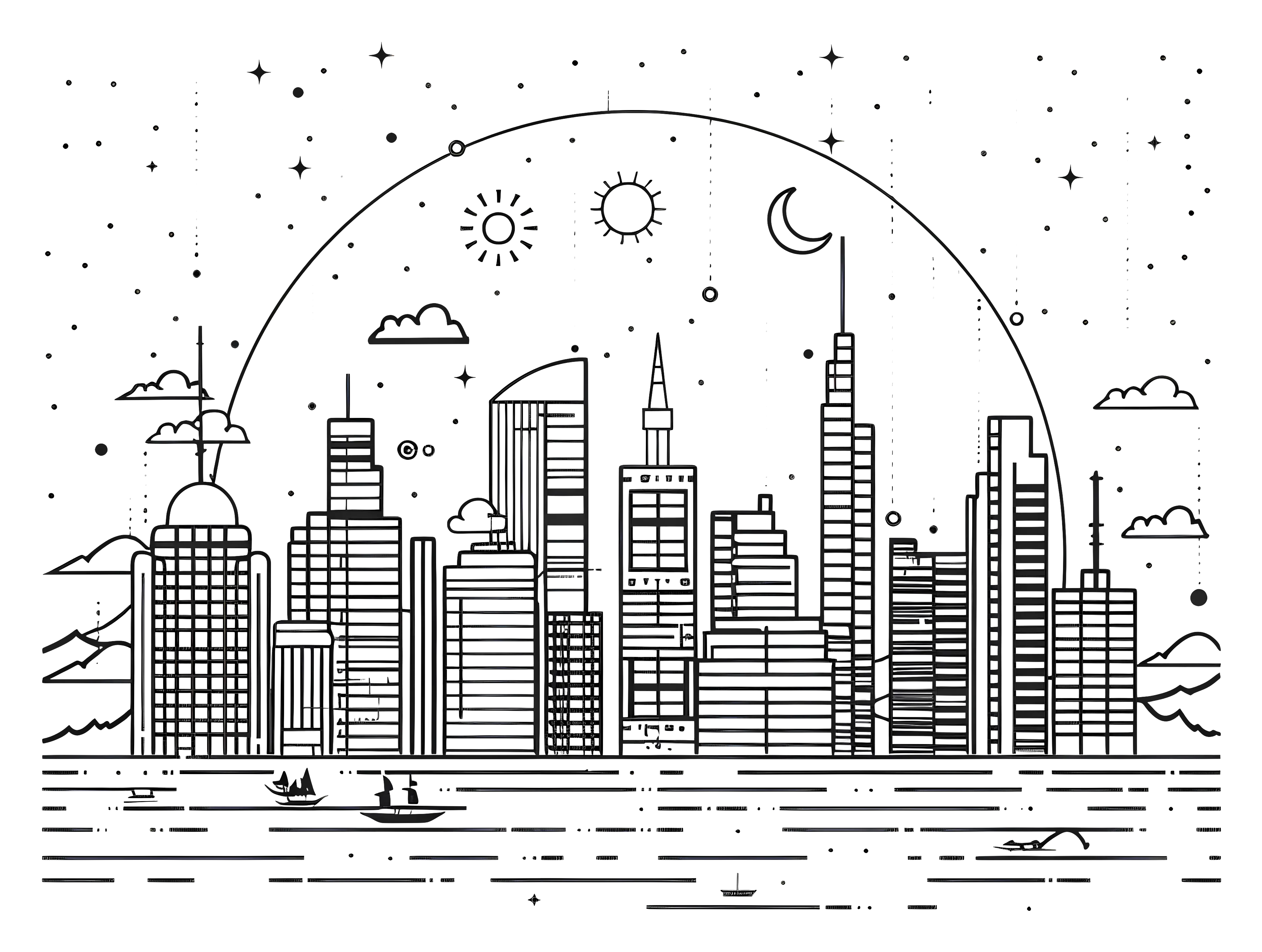 Urban Cityscape with Stars and Moon
