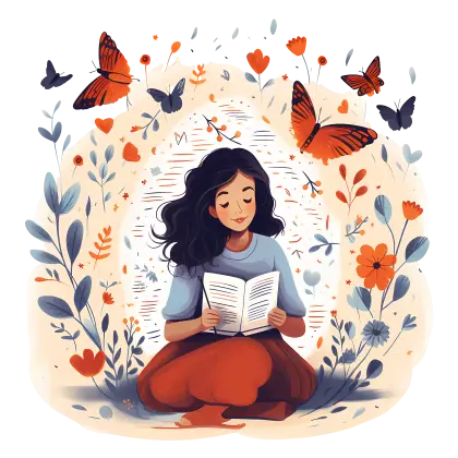 Girl Reading with Butterflies and Flowers