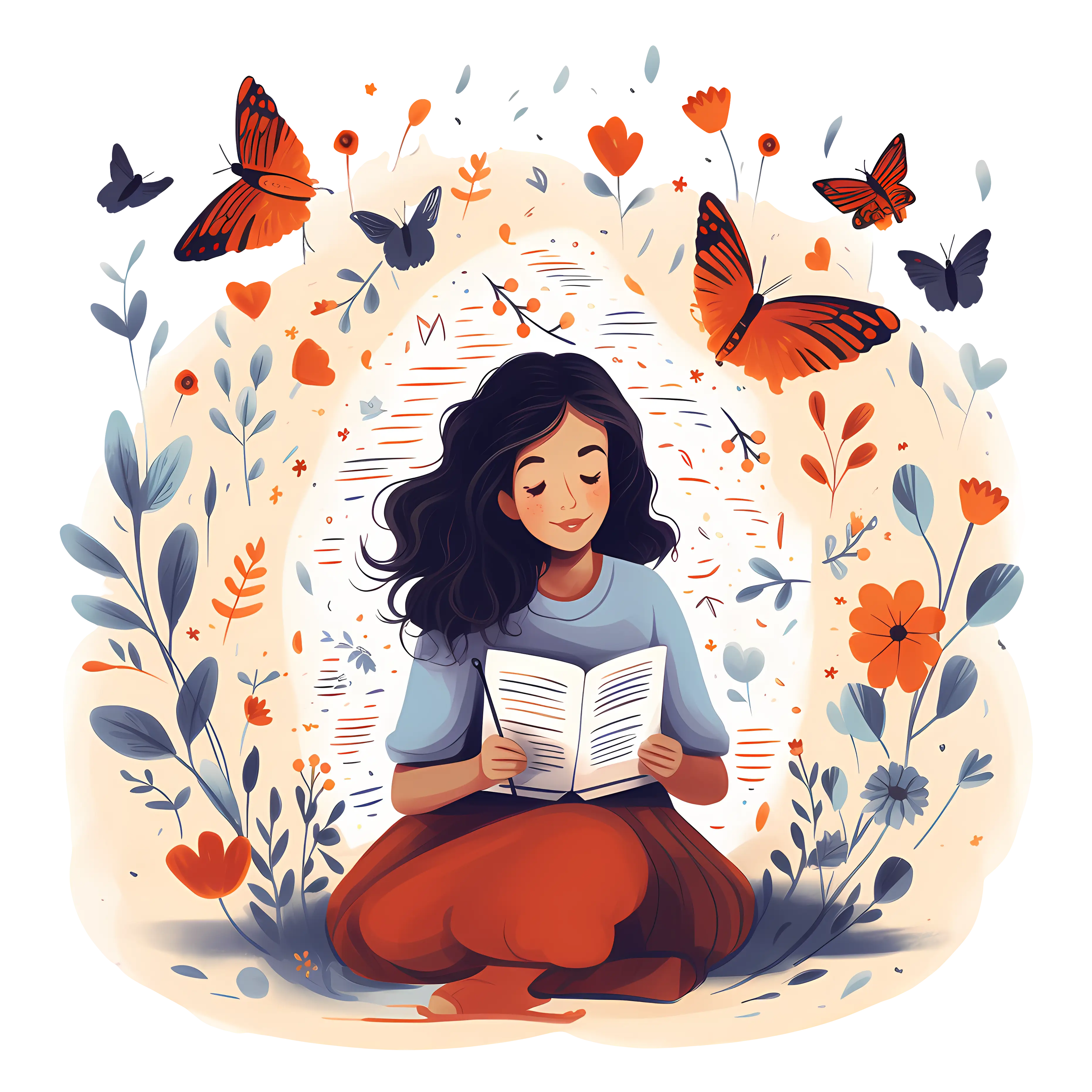 Girl Reading with Butterflies and Flowers