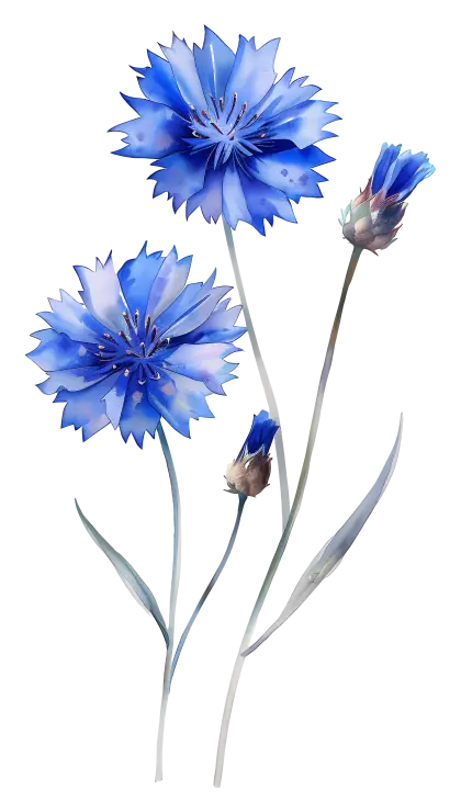 Blue Cornflowers with Buds and Stems