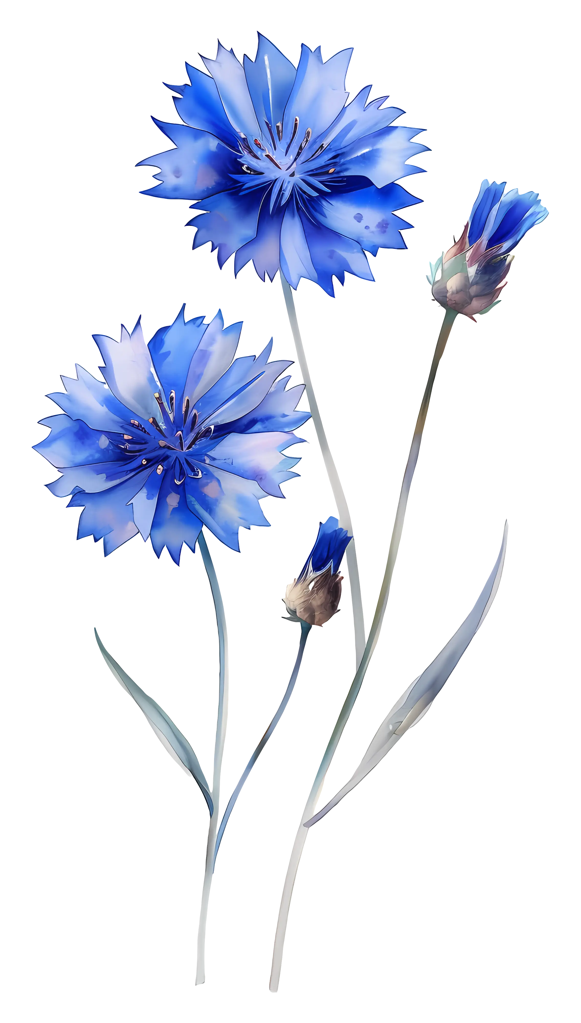 Blue Cornflowers with Buds and Stems