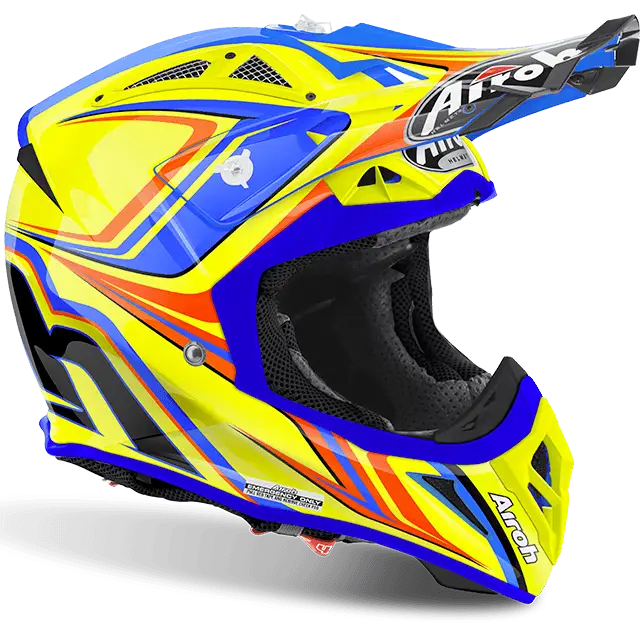 Yellow and Blue Motorcycle Helmet with Vibrant Graphics