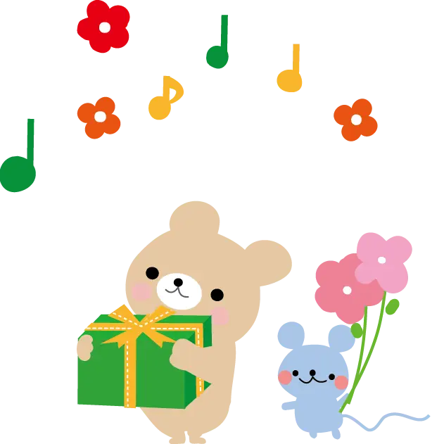 Bear and Mouse with Gift and Flowers