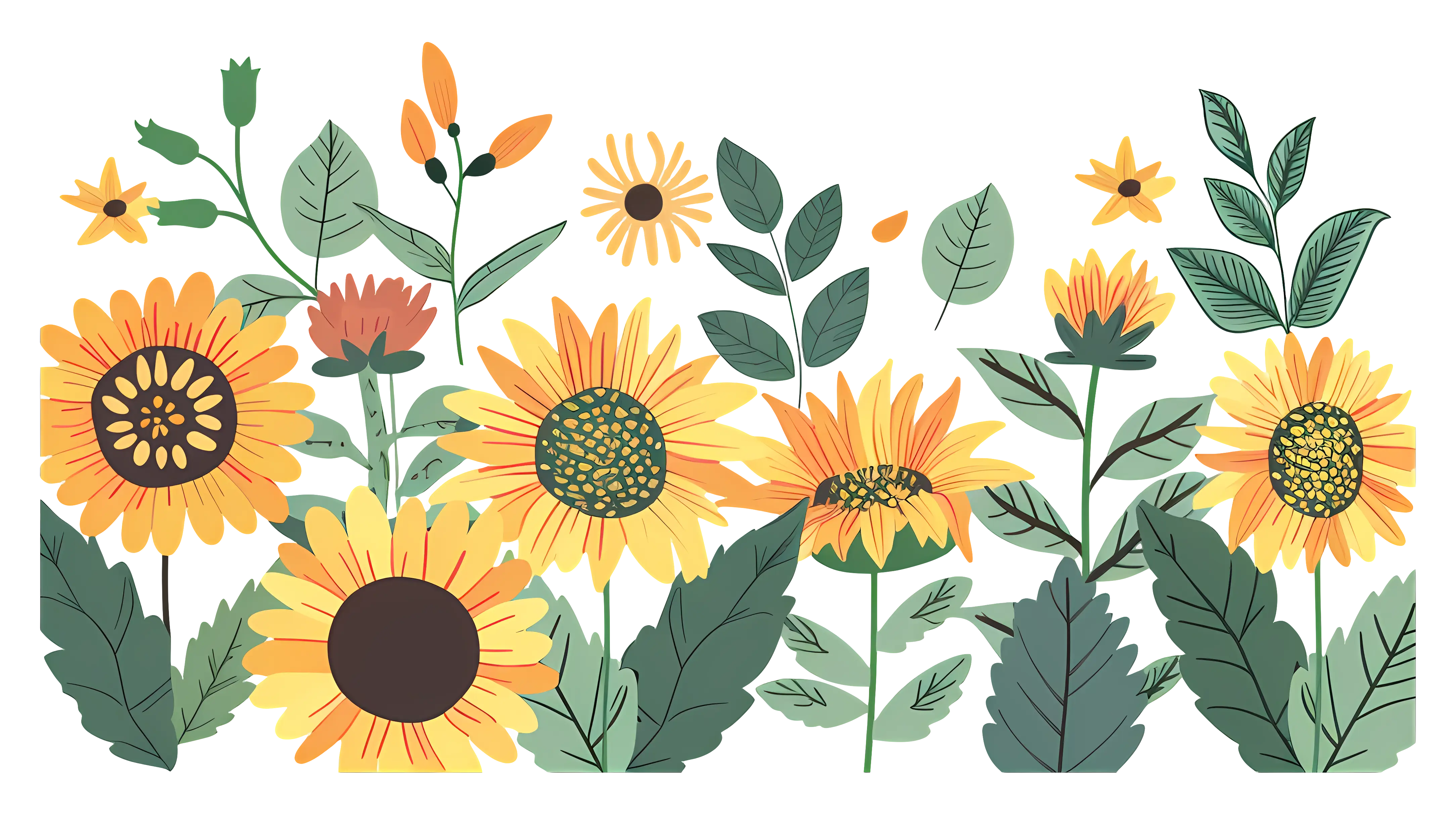 Sunflower Illustration with Leaves and Blooms
