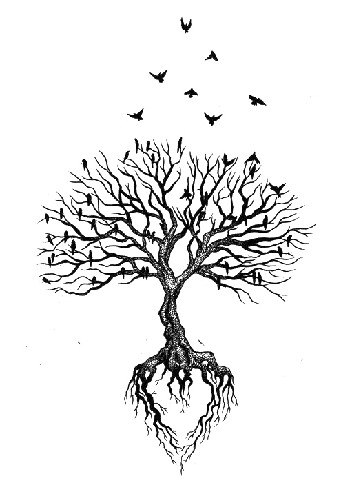 Tree with Birds and Roots