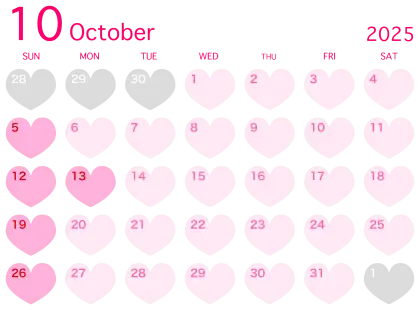 Pink Heart Calendar for October 2025