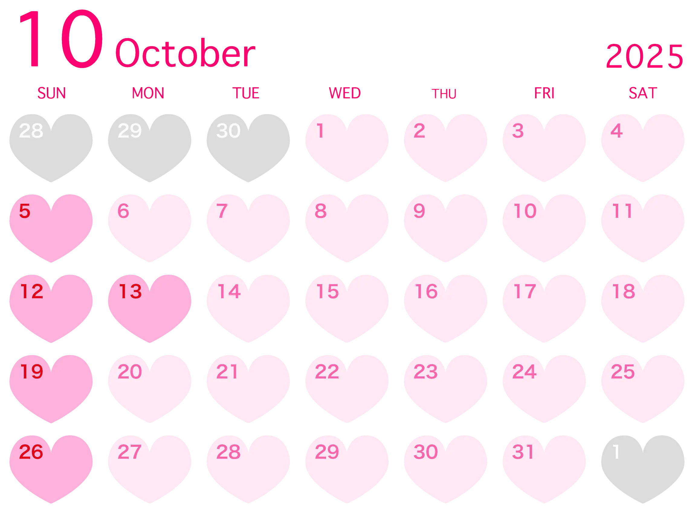 Pink Heart Calendar for October 2025