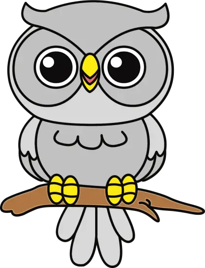 Gray Cartoon Owl Perched on a Branch