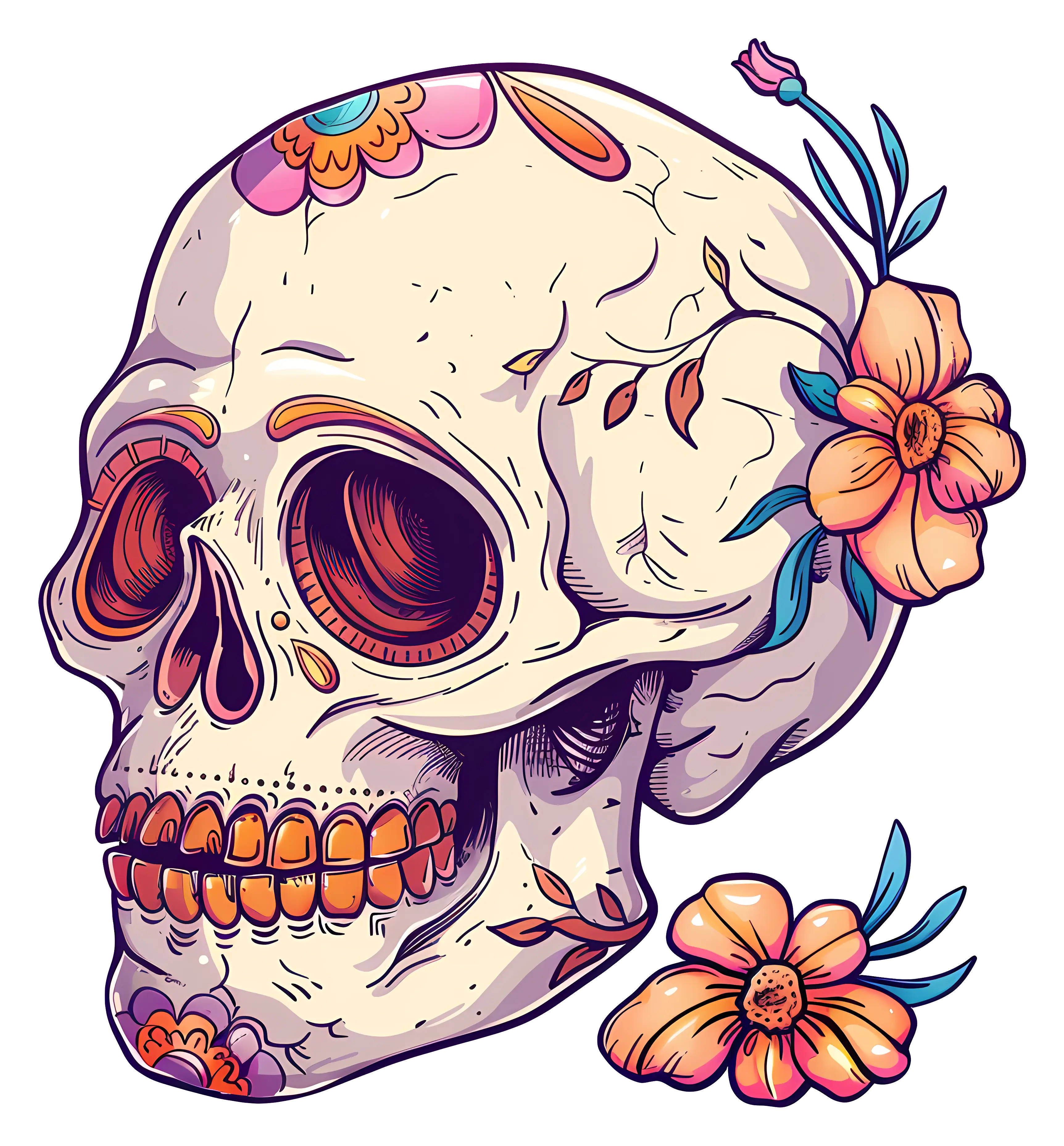 Colorful Floral Decorated Skull Illustration