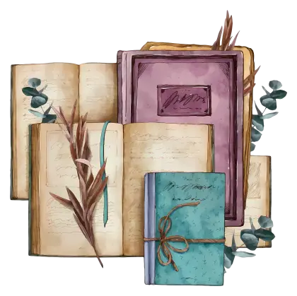 Vintage Books with Leaves Illustration