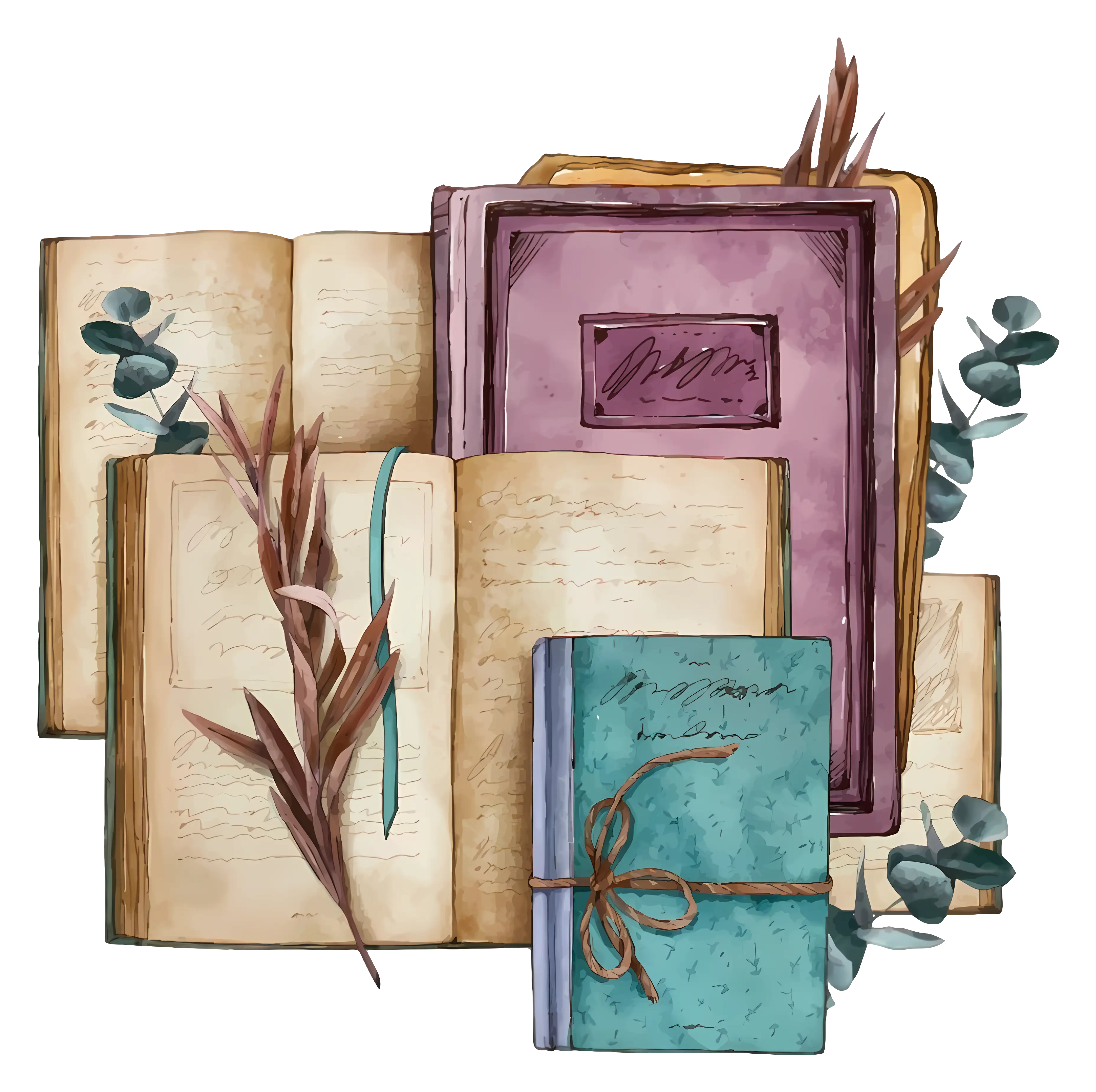 Vintage Books with Leaves Illustration