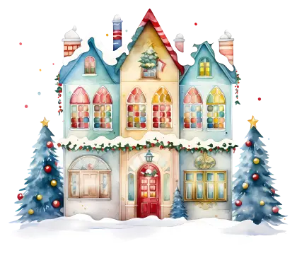 Festive House Illustration in Snowy Setting