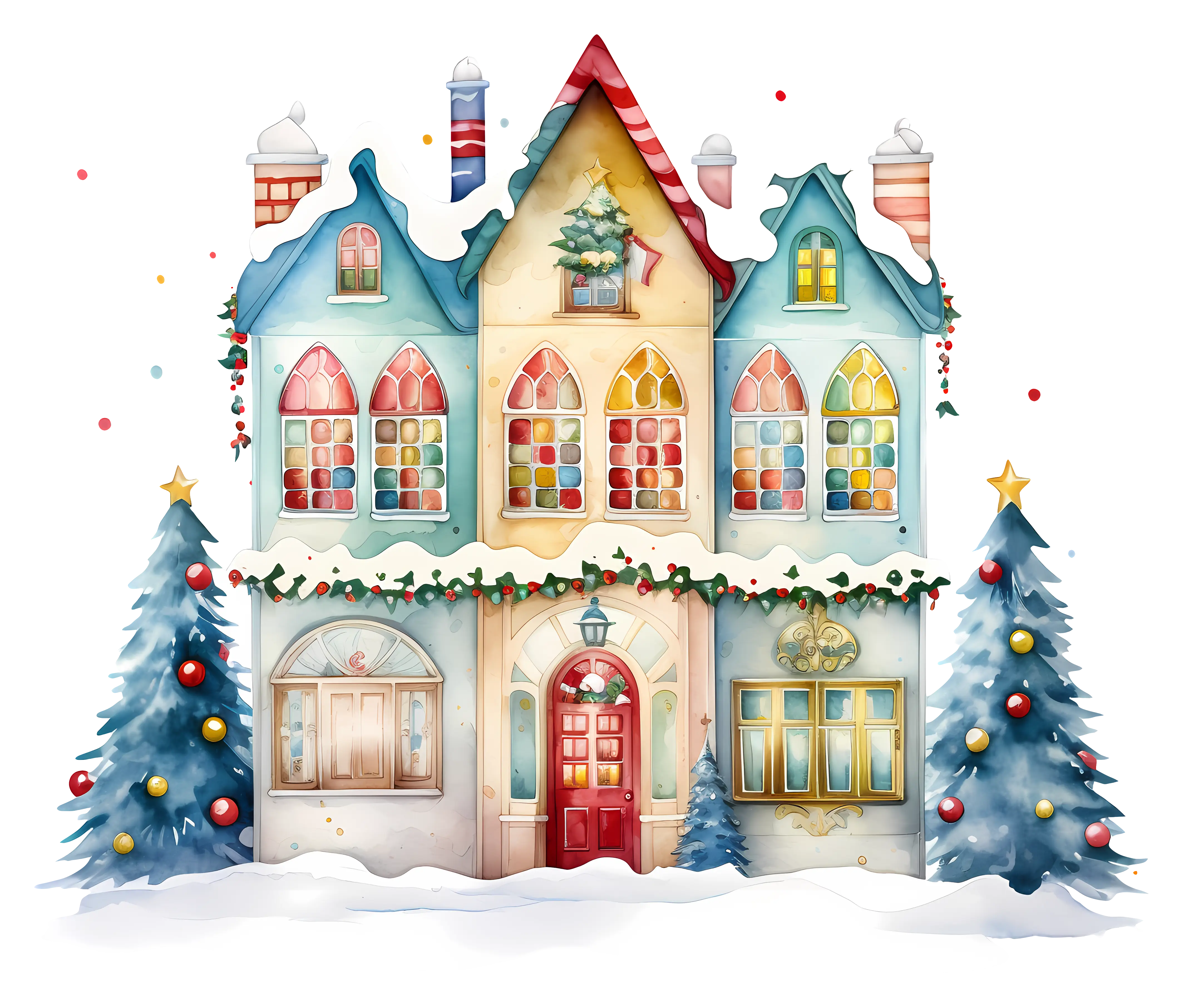 Festive House Illustration in Snowy Setting