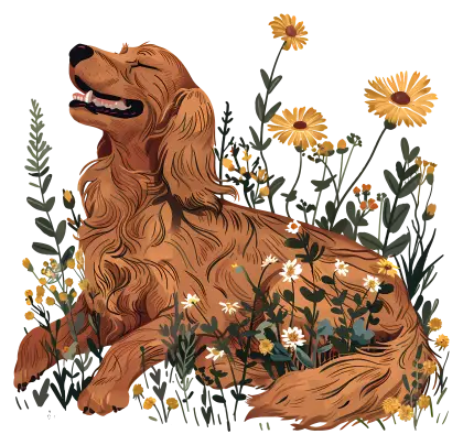 Happy Dog in Flower Field