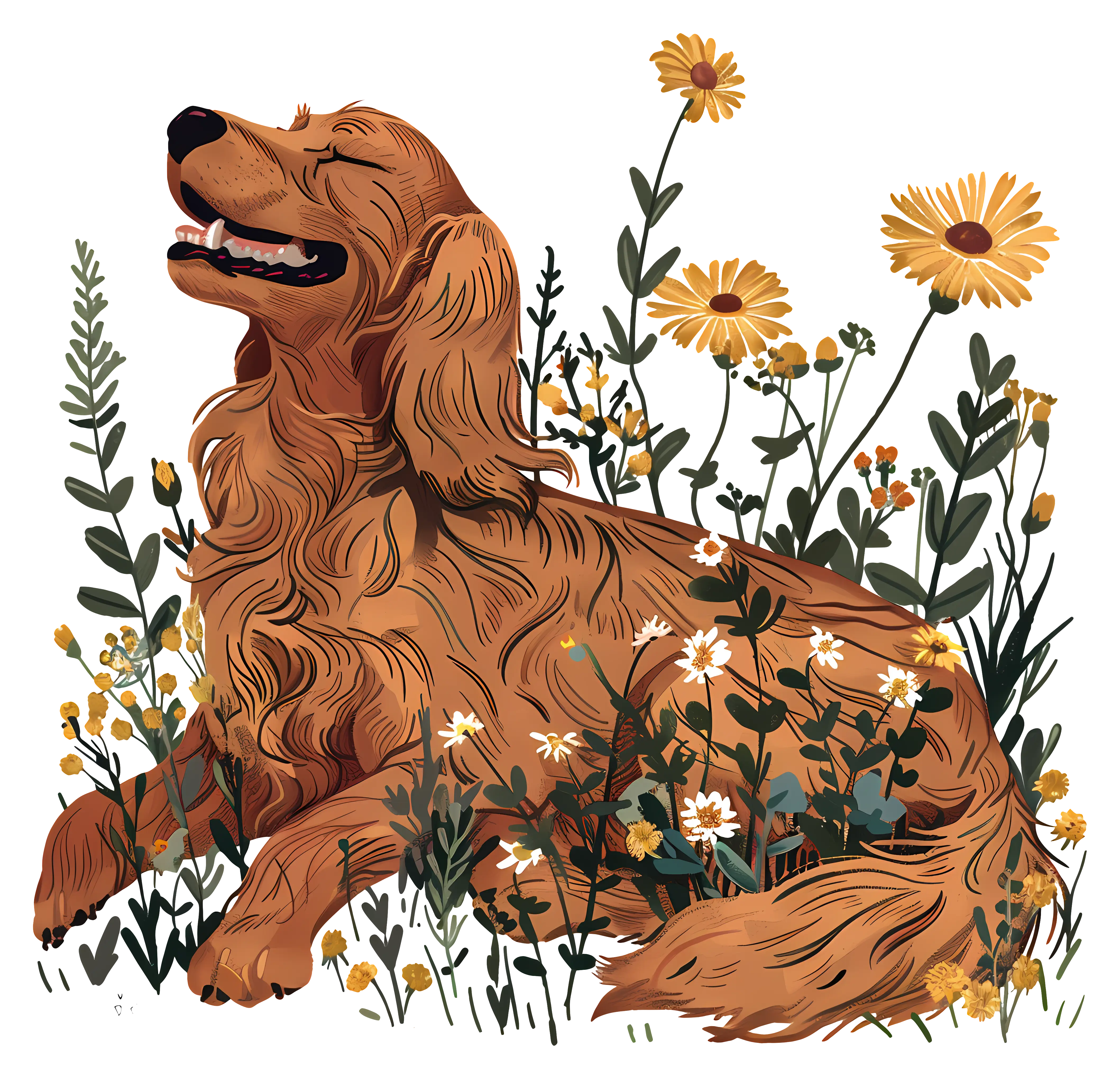 Happy Dog in Flower Field