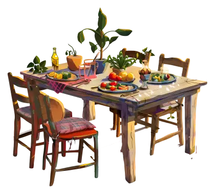 Dining Table with Food and Plants
