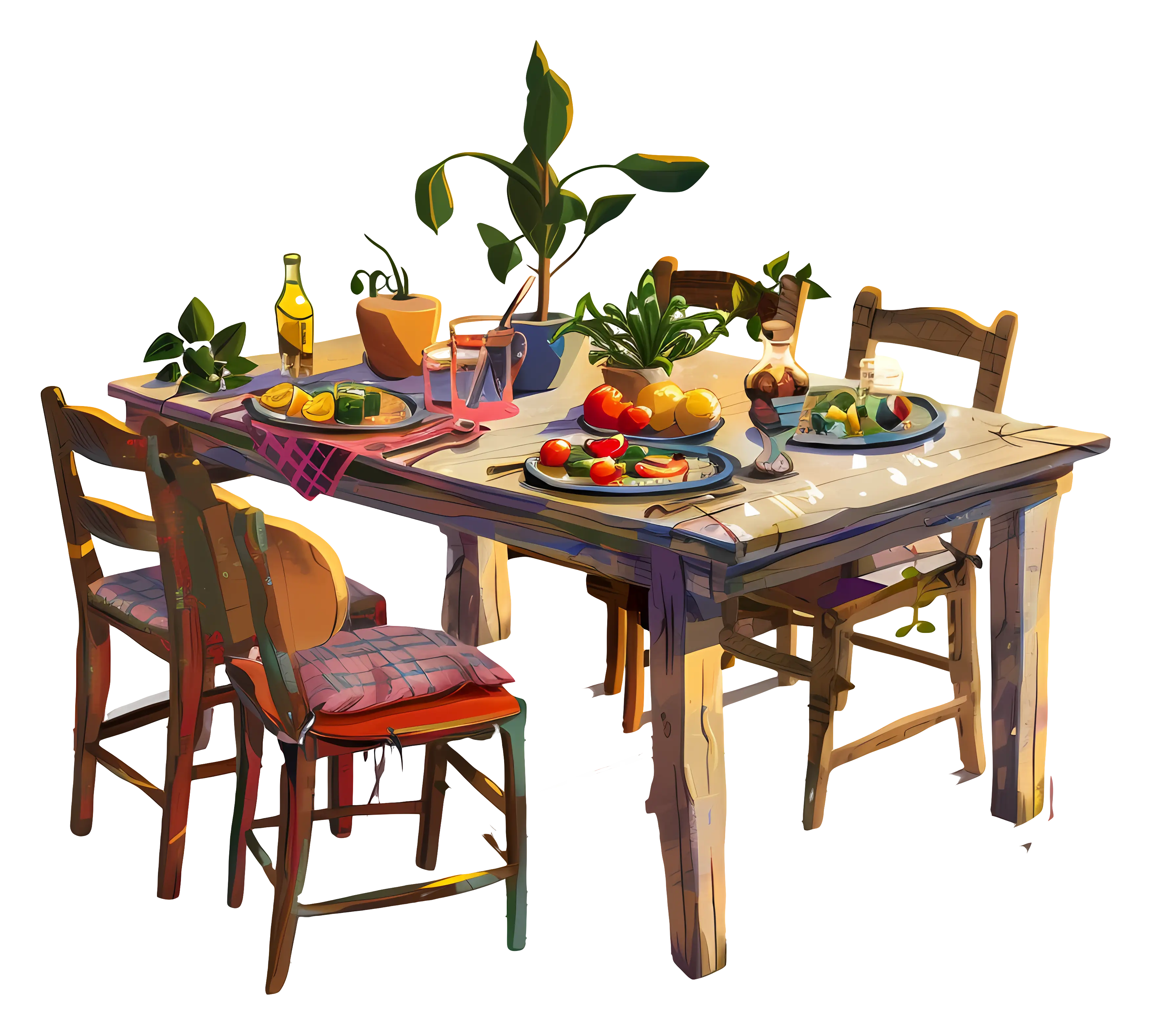 Dining Table with Food and Plants