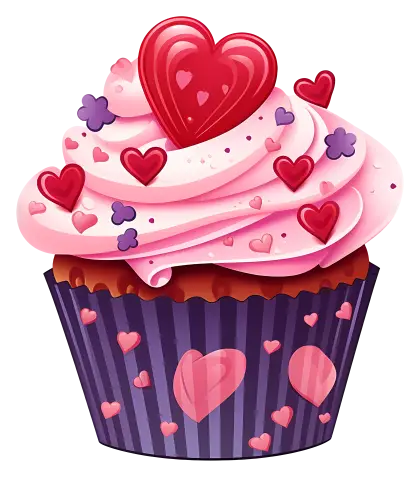Cupcake with Pink Frosting and Heart Decorations