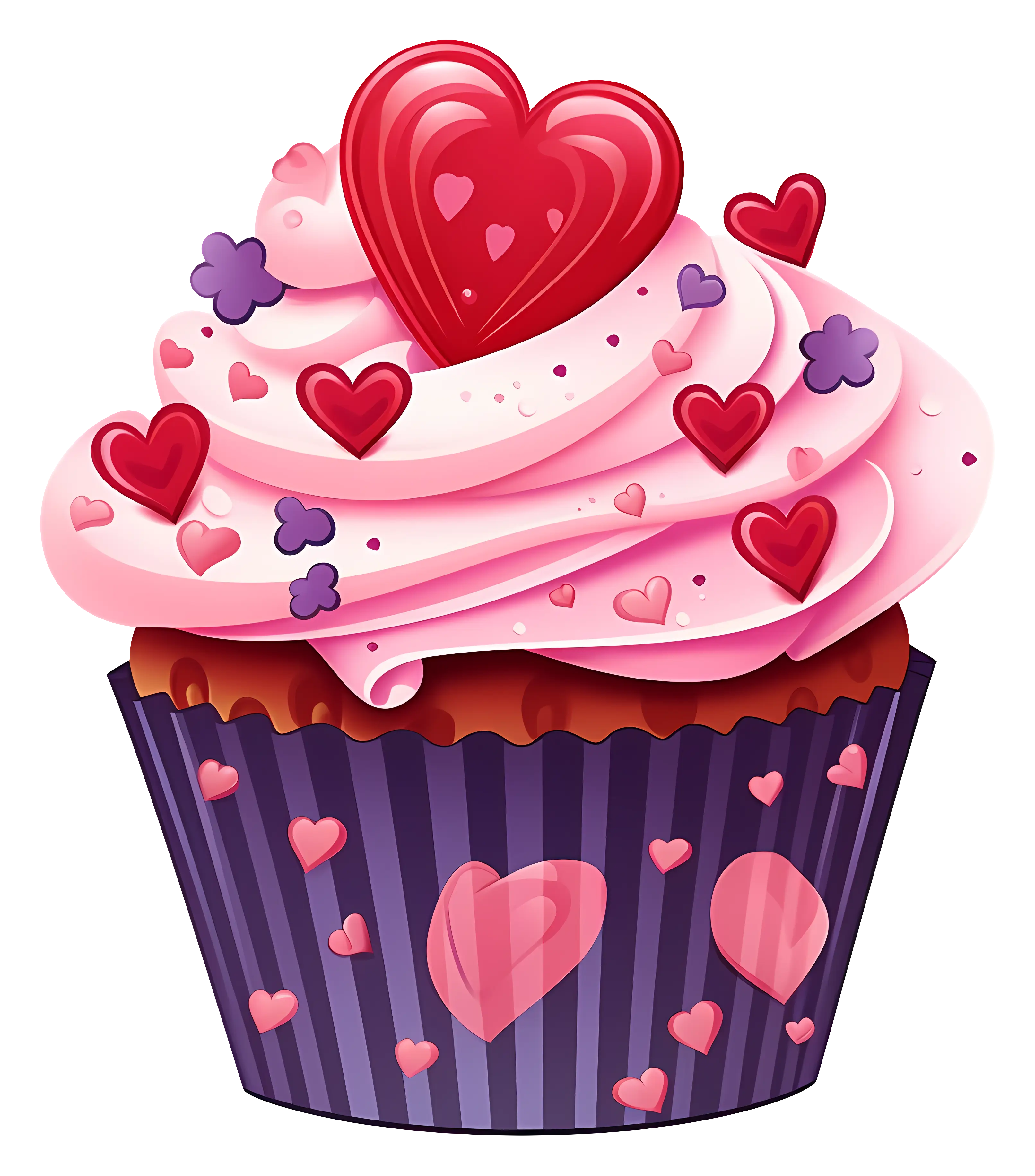 Cupcake with Pink Frosting and Heart Decorations