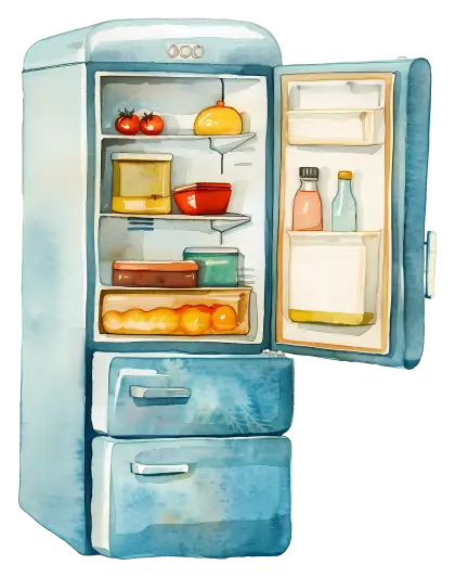 Open Blue Refrigerator with Food Inside