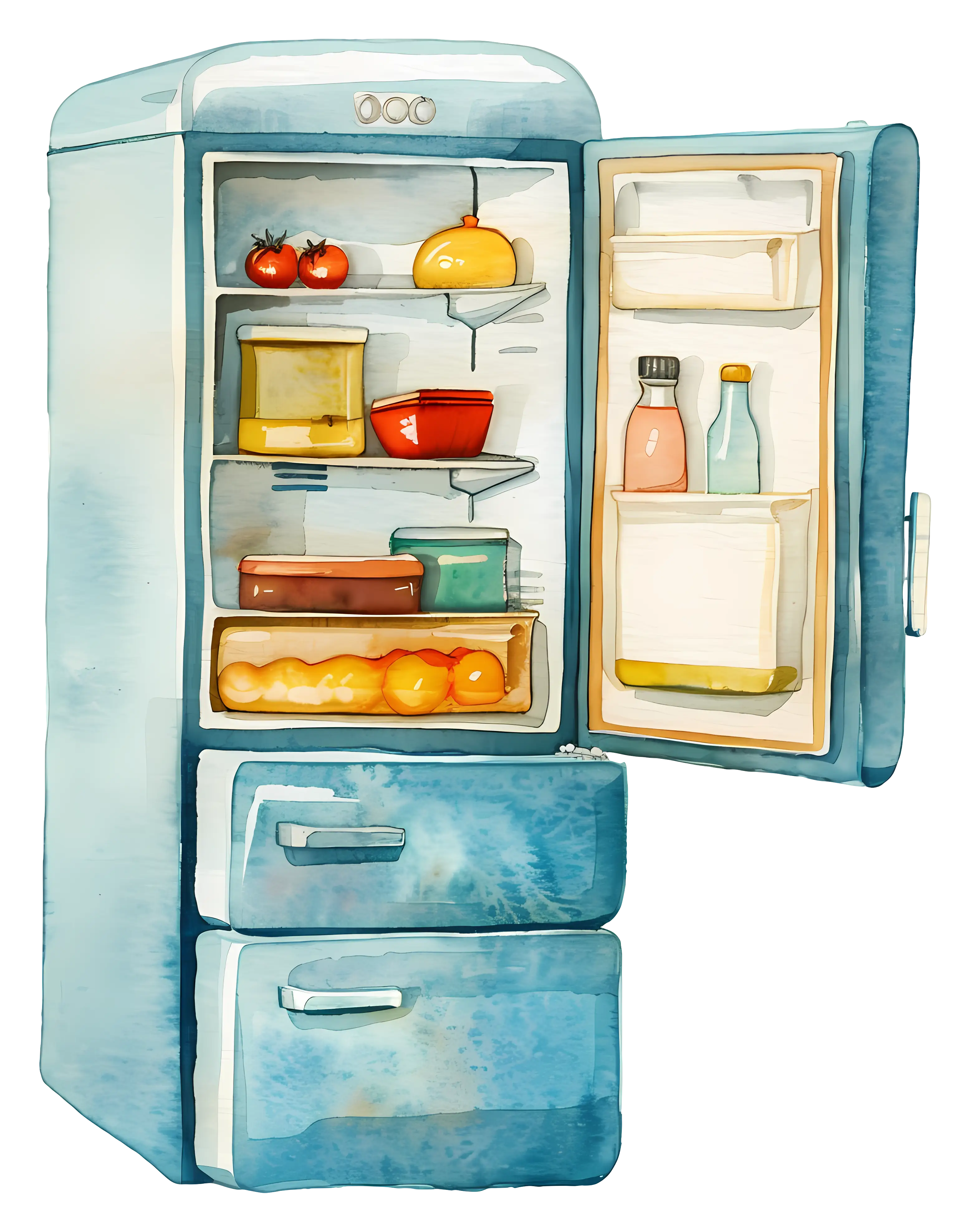 Open Blue Refrigerator with Food Inside