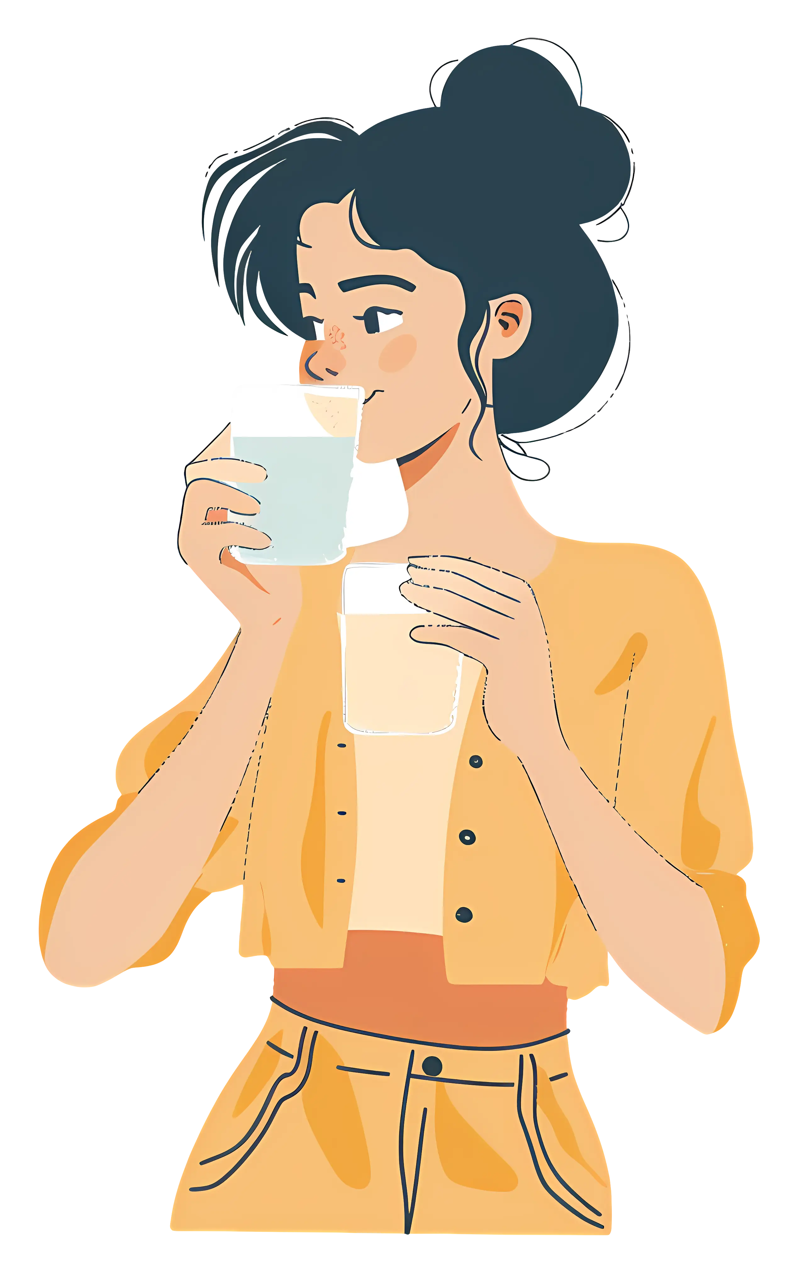 Cartoon Woman Drinking from Two Glasses