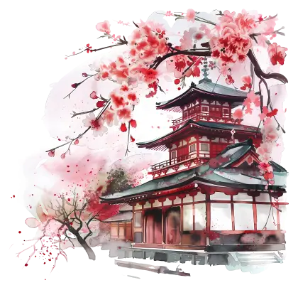 Watercolor Japanese Temple with Cherry Blossoms