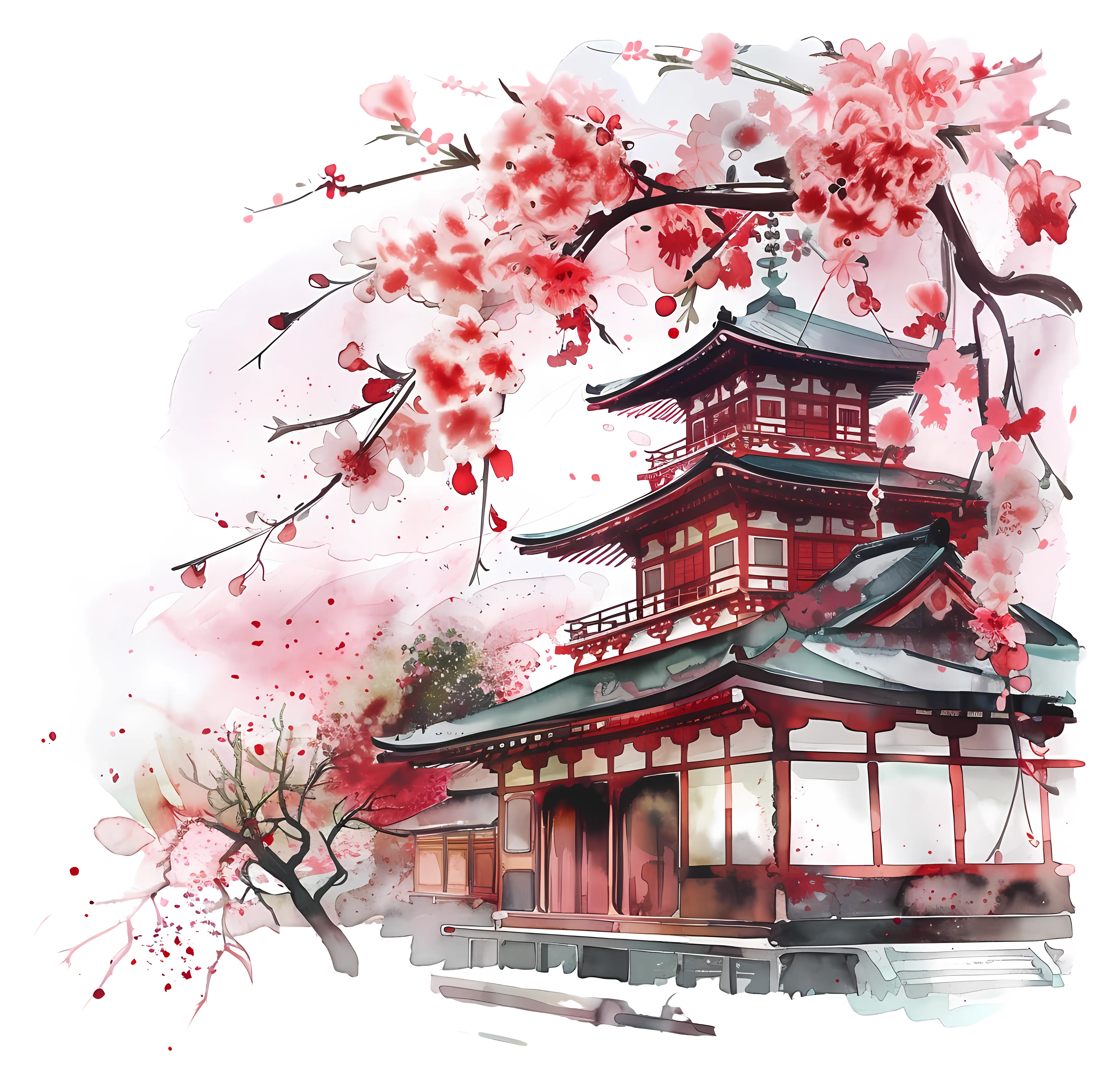 Watercolor Japanese Temple with Cherry Blossoms
