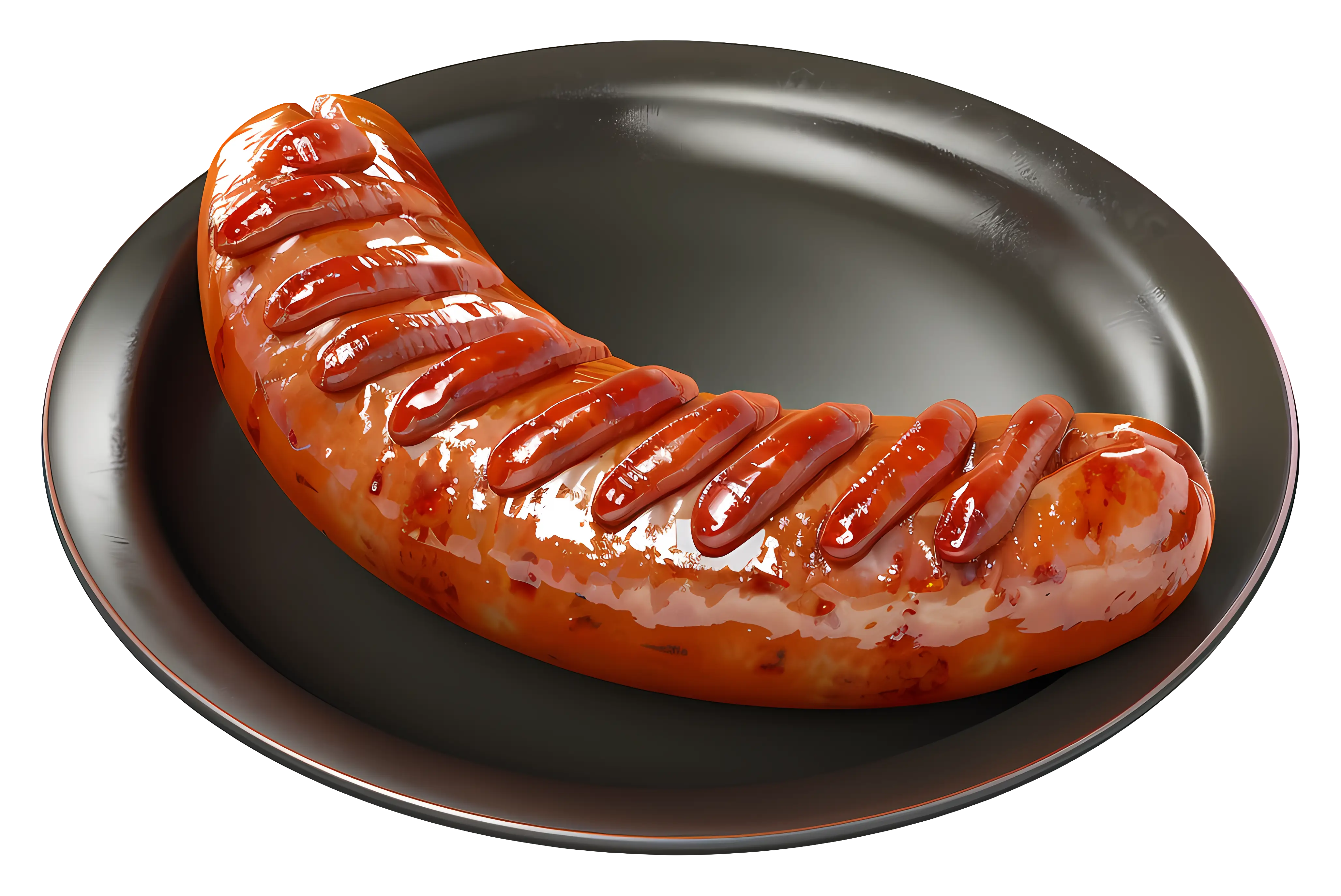 Grilled Sausage with Ketchup on a Black Plate