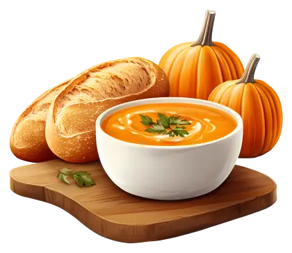 Pumpkin Soup with Bread and Pumpkins